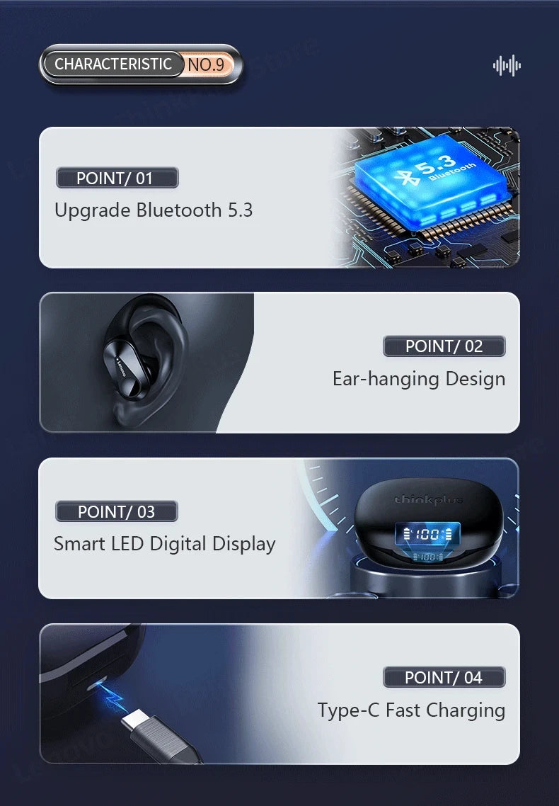 Fone de ouvido Lenovo LP75 TWS Bluetooth V5.3 Headphones,Wireless LED Digital Display