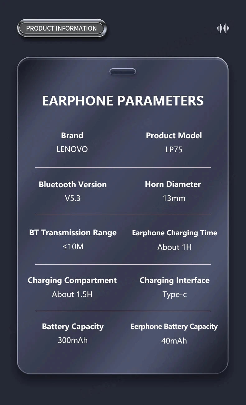 Fone de ouvido Lenovo LP75 TWS Bluetooth V5.3 Headphones,Wireless LED Digital Display