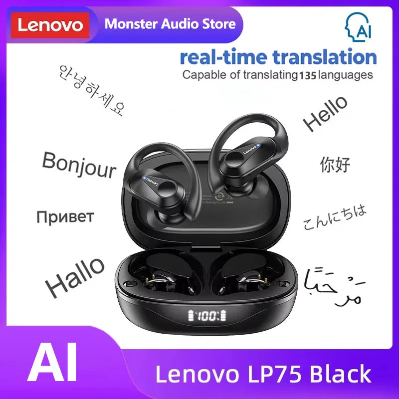 Fone de ouvido Lenovo LP75 TWS Bluetooth V5.3 Headphones,Wireless LED Digital Display